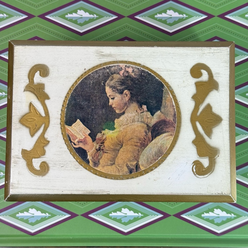 Vintage Style Decorative Box with Reading Lady Design 7” Florentine